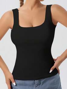 5 piezas de camisetas de tirantes acanaladas con espalda en U para mujer con sujetador integrado,color sólido y ajuste ceñido para usar debajo de la ropa, sin mangas con hombros descubiertos - Multicolor - Ver 4