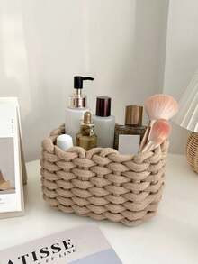 1 pieza Organizador de maquillaje tejido a mano en color caqui para almacenar brochas y productos de cuidado de la piel, con gran capacidad para uso en vacaciones, baño, dormitorio PYFY - Caqui - Ver 1