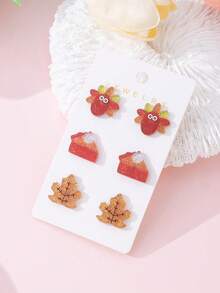 3 Pairs/Set Thanksgiving Sparkling Turkey, Maple Leaf, Pumpkin Pie Design Women's Fashion Jewelry Stud Earrings Set, Perfect Gift For Holiday Party - Multicolor - View 2