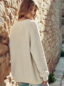 Plus Size Chunky Knit Cardigan Sweater, V-Neck Front Button Long Sleeve Pullover, Autumn/Winter Layering Style Fall - Beige - View 4