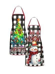 4 Pcs Christmas Black Santa & Buffalo Plaid Reindeer Print Apron Set, Holiday Themed Kitchen Cooking Baking Aprons For Xmas Party Home Decoration - Multicolor - View 16
