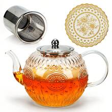 Vintage Glass Tea Pot With Infuser, 1500ml Large Capacity Borosilicate Teapot For Loose Leaf, Flower & Herbal Tea, Stovetop Compatible Tea Kettle With Heat Resistant Mat For Kitchen Home - View 2