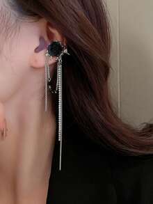 1 Pair Fashion Elegant Black Rose Long Chain Rhinestone Tassel Drop Earrings For Women, Suitable For Daily Commute, Gatherings And Parties - Black - View 2