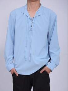 男士中世紀海盜襯衫－文藝復興市集服裝，西部角色扮演，適用於歷史活動、Cosplay、主題派對－可機洗荷葉領設計，獨特袖口造型 - 淺藍色 - 查看 2
