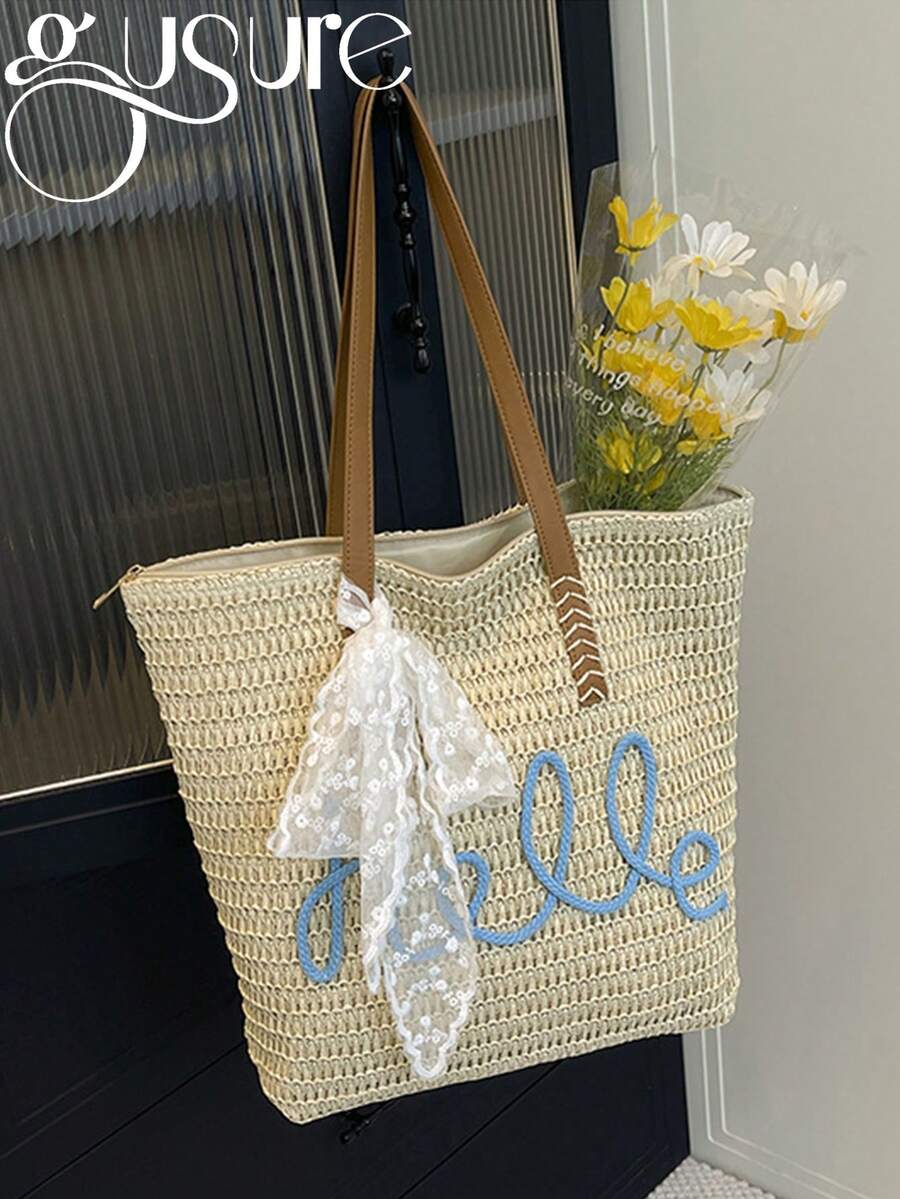 Large Capacity Straw Woven Women's Tote Bag Casual Style Summer Bucket ...