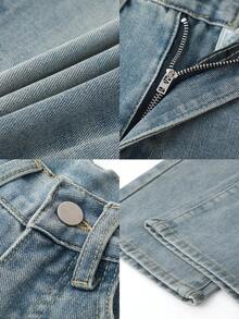 Celana Pendek Denim Kasual Warna Polos Panjang Selutut untuk Wanita, Musim Gugur - Light Wash - View 5
