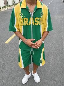 Conjunto de 2 piezas de camisa de manga corta con cremallera y pantalones cortos con cordón para hombre, estilo deportivo de bloques de color, adecuado para ropa de calle, casual, deportes, vacaciones, regreso a la escuela - Amarillo - Ver 5