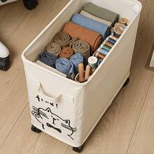 1pc Cartoon Cat Print Fabric Storage Box With Wheels, Foldable Large Capacity Storage Basket With Handle, Desktop Books And Miscellaneous Items Organizer, Suitable For Home, Office, Dorm - Multicolor - View 6