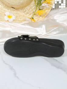 Women's Fashion Solid Color Beach Buckle Wedge Thick Sole Outdoor Summer Sandals - Black - View 8