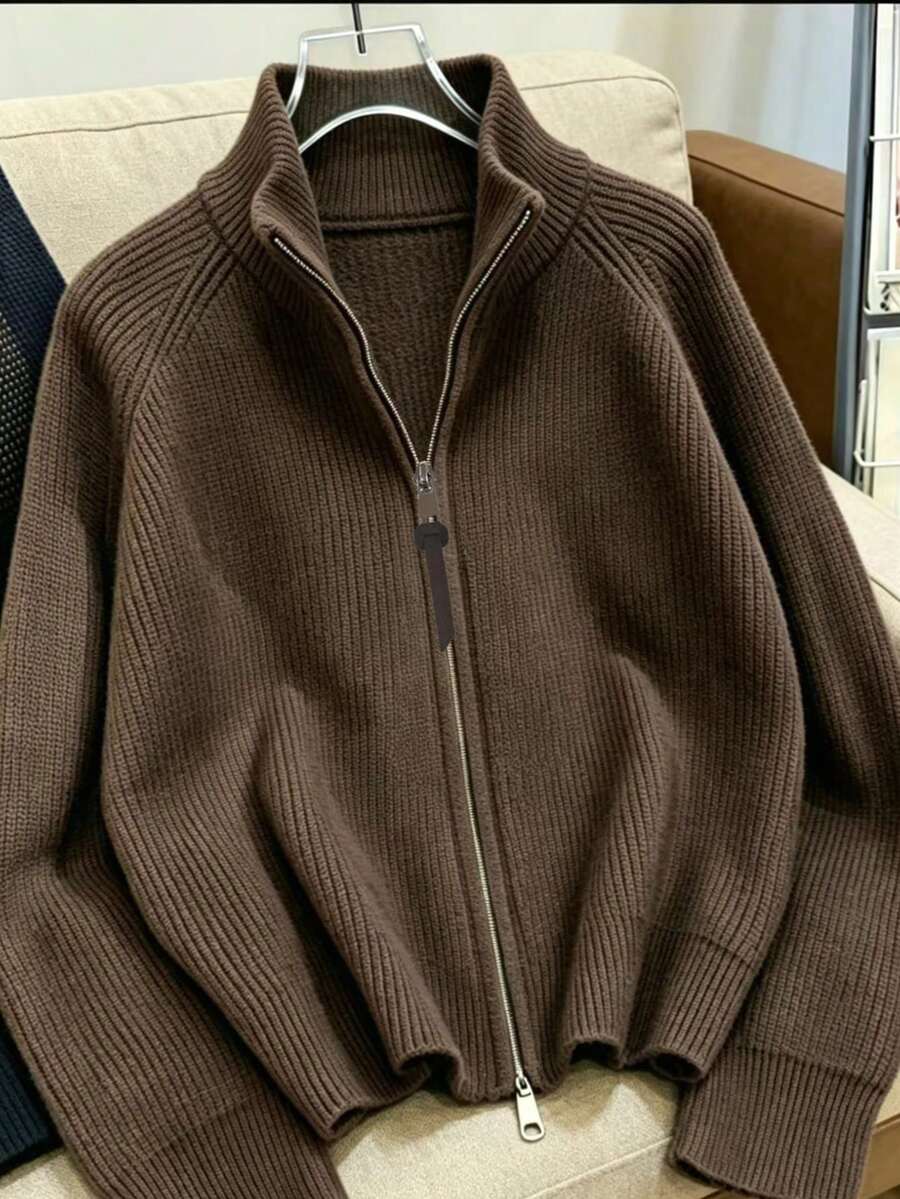 Korean Style Vintage Dark Brown High Neck Zipper Versatile Knit Sweater - Coffee Brown - View 1