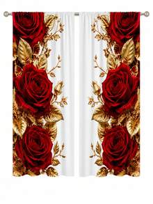 2 Panels Red Rose Golden Leaves Window Curtains, Rod Pocket Luxury Floral Digital Print Polyester Drapes, Semi Sheer Light Filter Privacy Curtains For Bedroom Living Room Home Decor - Multicolor 1 - View 5
