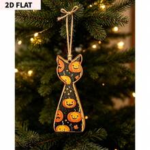 2D Flat, 5pcs Cat-Shaped Wooden Tags With Hanging Rope. Five Different Vintage Halloween Patterns, Perfect Holiday Gift To Create A Vintage And Cozy Halloween Atmosphere. - 5 Items - View 5