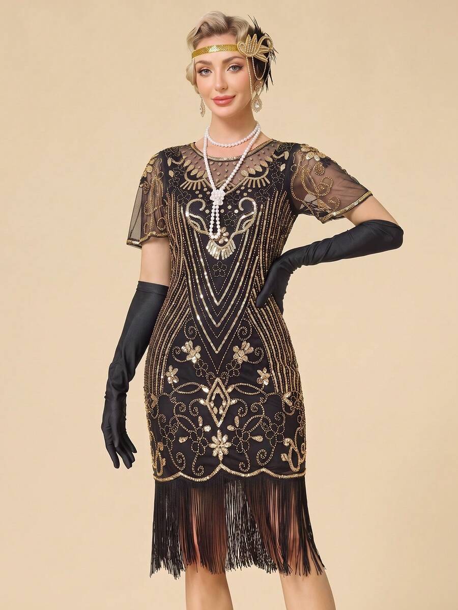 女款 1920 年代復古亮片短袖網紗流蘇下擺晚禮服