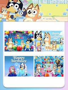 MASSDI Cartoon Blue Dog Party Background Banner, Multiple Classic Animation Scene Photo Backdrop, Lightweight Washable Fabric Material, Bright Colorfast Pattern, Convenient Hanging Setup, Reusable Scene Ornament For Birthday Celebrations - Multicolor - View 1