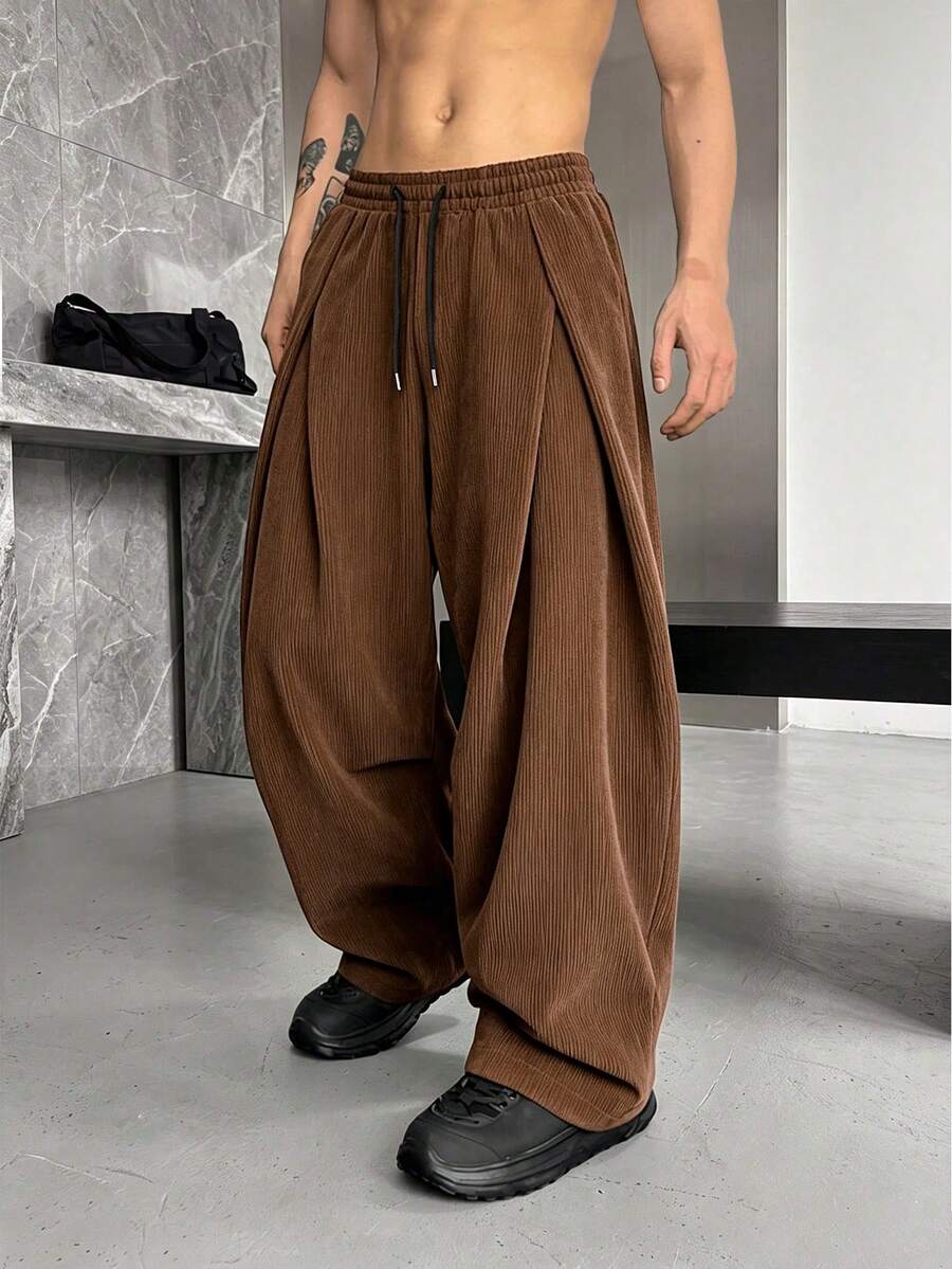 Men's Corduroy Long Pants, Solid Color, Drapey, Casual Wide Leg Pants, Loose Fit, Suitable For Commuting And Running, Autumn/Winter - Brown - View 1