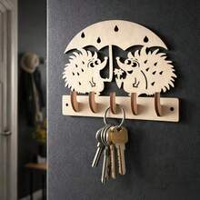 Wooden Hedgehog Couple Key Holder Wall Mount, Umbrella Shape Cute Hedgehog Key Hook Rack, Farmhouse Entryway Key Organizer Hook, Decorative Wall Hanging Key Holder For Home Entrance Decor - Multicolor - View 1
