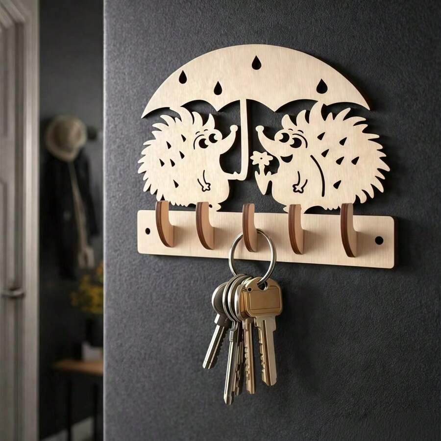 Wooden Hedgehog Couple Key Holder Wall Mount, Umbrella Shape Cute Hedgehog Key Hook Rack, Farmhouse Entryway Key Organizer Hook, Decorative Wall Hanging Key Holder For Home Entrance Decor - Multicolor - View 1