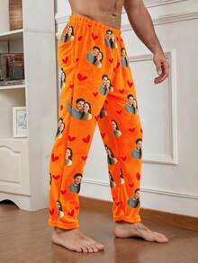 Men's Customized Photo Print Pajama Pants, Black With Personalized Couple And Red Heart Pattern, Soft Fleece Fabric, Casual Style, Couple Gift - Orange - View 7