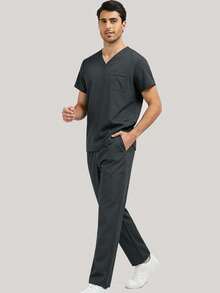 Men's Scrub Set, Breathable Lab Coat, Pet Grooming Salon Uniform, With Multiple Pockets - Grey - View 6