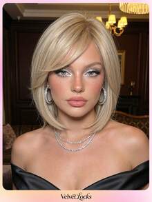 [Velvet Locks] Soft Heat-Resistant Layered Straight Side Part Bob Linen Gold 12-Inch Synthetic Wig For Women For Elegant Daily Party - 亞麻金 - 查看 11