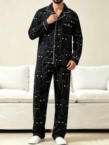 Men's Pajama Set, Autumn/Winter, Lapel Collar, Line Cat Print, Long Sleeve, Long Pants, 2 Pieces Set, Casual Comfortable Loungewear - Multicolor - View 5