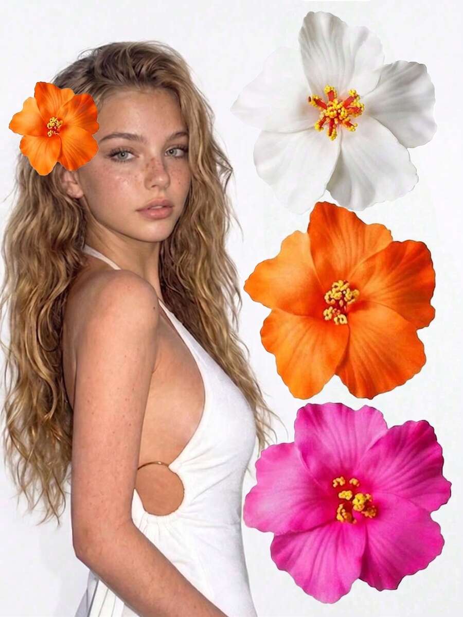 3pcs Hawaiian Hibiscus Flower Hair Clips, Tropical Beach Hair Accessories For Women Girls, Floral Pins For Summer Vacation Party - Multicolor - View 1