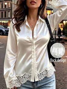 Women's Spring/Autumn Glossy Satin Lace Trim Turn-Down Collar Button-Up Flared Sleeve Asymmetrical Hem Cinched Waist Long Sleeve Blouse - White - View 1