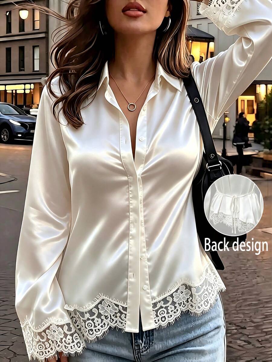 Women's Spring/Autumn Glossy Satin Lace Trim Turn-Down Collar Button-Up Flared Sleeve Asymmetrical Hem Cinched Waist Long Sleeve Blouse - White - View 1