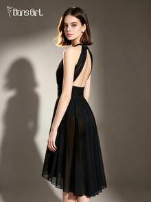 DonsGirl 1pc Women's Halter Neck Backless Dance Dress, Flowy Draped Mesh Front Slit Midi Skirt, Elegant Ballet & Modern Lyrical Dance Costume, Suitable For Class, Solo Performance - Black - View 5