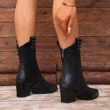 2-Way Detachable Strap Ruched Stacked Western Cowboy Boots For Women, Pointed Toe Chunky Heel Black Motorcycle Mid-Calf Boots - Black - View 7