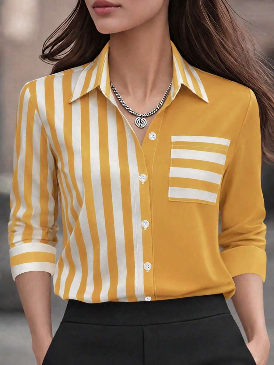 New Arrival Fashion Women's Printed Patchwork Colorblock Pocket Button-Up Shirt - Yellow - View 1