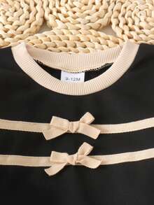 2pcs Baby Girl Simple Elegant 3D Bow & Striped Patchwork Long Sleeve Round Neck Top With Side Stripe Cuffed Pants Set, Spring/Autumn - Black - View 3