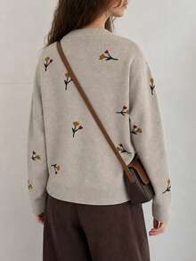 Women's Autumn/Winter Minimalist Casual Elegant Gentle Style Floral Pattern Round Neck Knit Cardigan Sweater Vacation - Apricot - View 2
