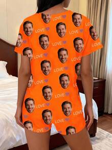 1pc Women's Custom Face & Text Pajama Set, Black With Personalized Face, LOVE And Pink Heart Prints, Soft Fabric, Casual Style, Ideal For Home Wear - Orange - View 4