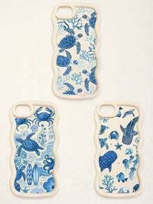 3 Pcs Wavy White Edge Ocean Sea Turtle Print Phone Case, Blue Tone Underwater Creature Illustration Soft Shell, Thickened Wavy Frame Full Coverage Anti-Drop TPU Phone Cover, Ins Vacation Style Niche Fresh Digital Accessory; Suitable For Valentine's Day, Easter, Mother's Day, Father's Day, Independence Day, Halloween, Thanksgiving, Christmas, New Year, Birthday, Back To School Gifts, Compatible With IPhone 17/17 Pro - Multicolor - View 16