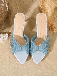 On feet& in love Women's Summer Fashion Elegant Sexy Stiletto High Heel Open Toe Slide Sandals With Wavy Ruffle Pearl Rhinestone Decor For Date Party Beach Vacation - Mint Blue - View 7