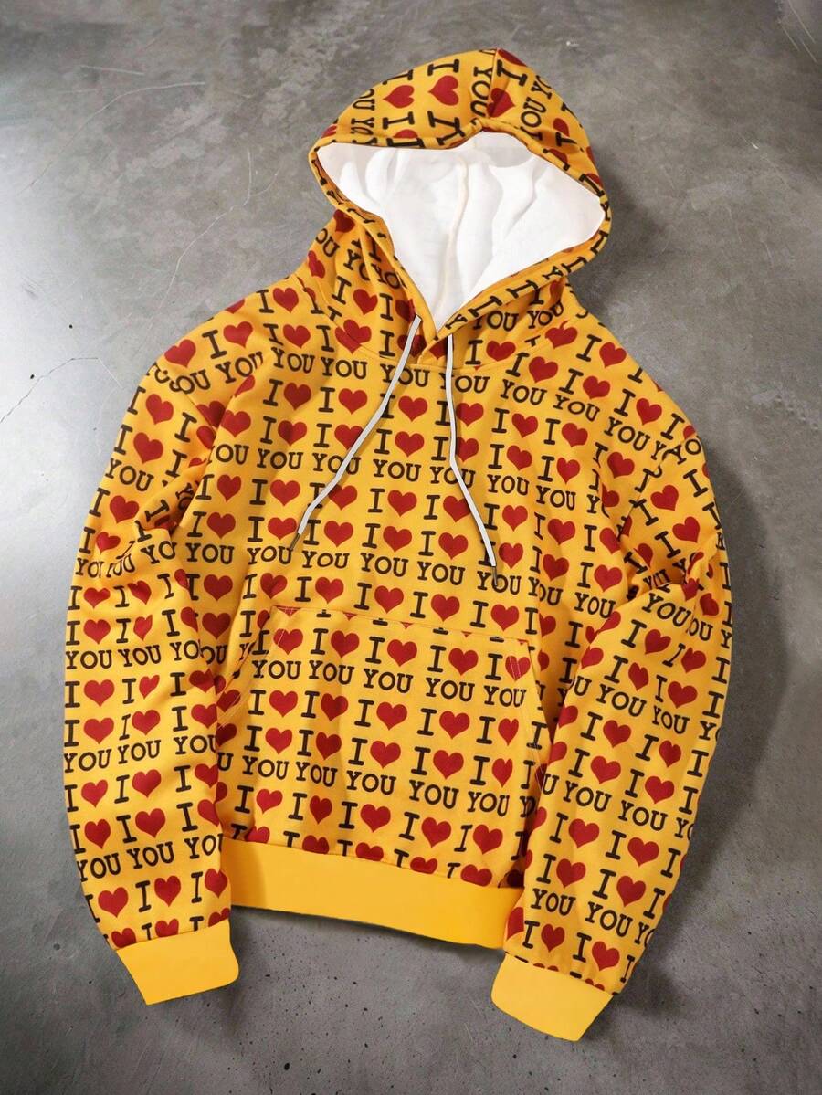 Plus Size Men's All-Over Heart Pattern Drawstring Hoodie Casual Long Sleeve Sweatshirt - Multicolor - View 1