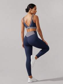 Sodalemon Women's Colorblock Gym Set, 2-Piece Set With Double Strap Sports Bra And Butt-Lifting Running Fitness Yoga Leggings - Navy Blue - View 8