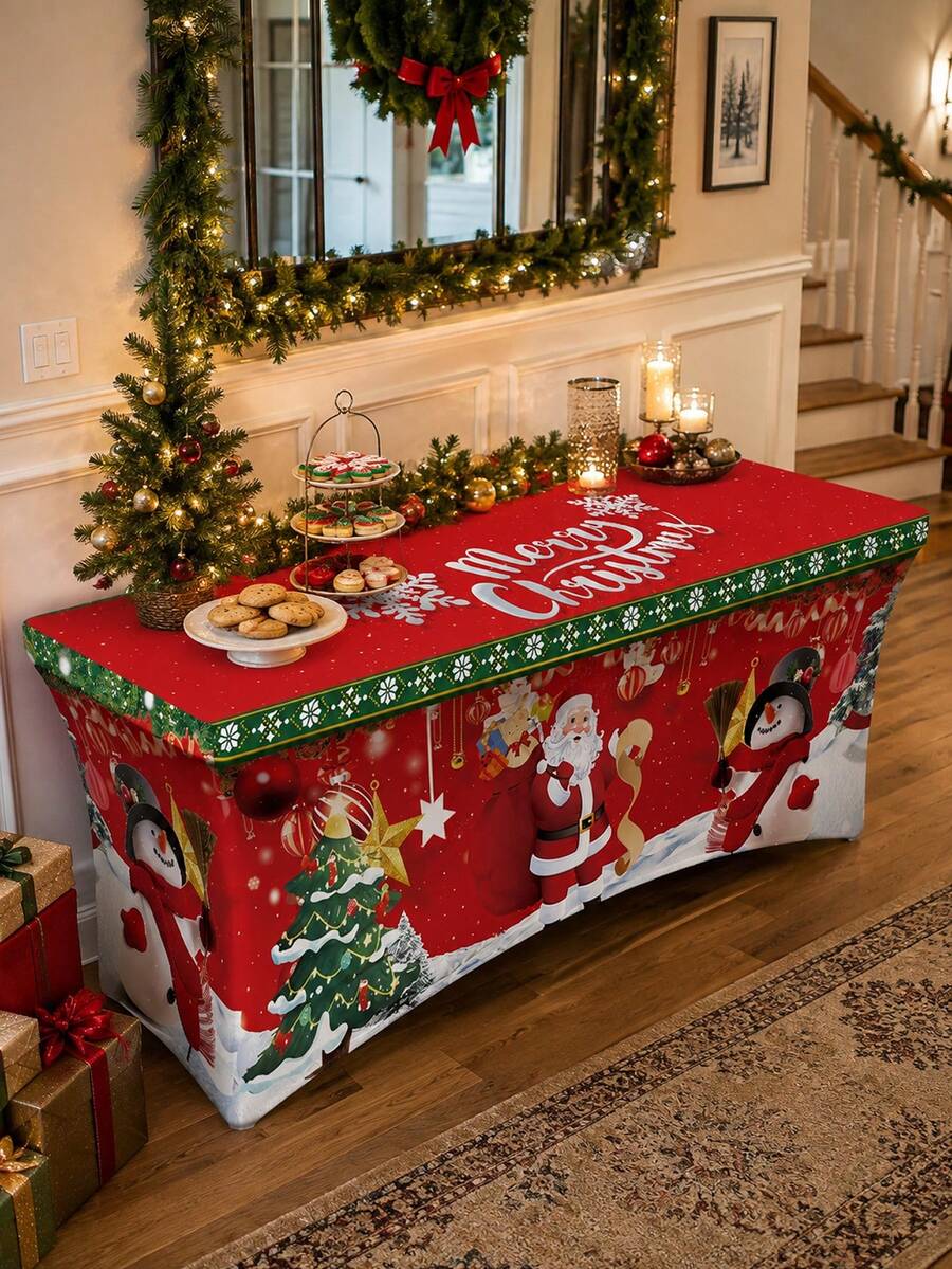 1pc Christmas Fitted Elastic Tablecloth, Polyester Spandex Full Coverage Elastic Table Cover, Printed With Santa Claus, Snowman And Christmas Tree Patterns, Rectangular Wrinkle-Resistant Tablecloth, Suitable For Holiday Party Buffet Dessert Table Decoration - Multicolor - View 1