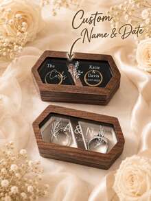 Custom-Made Walnut Ring Box, Personalized Wedding Ring Box With Names And Dates, Wooden Double Slot Ring Bearer, Engagements, Weddings, Anniversaries, Valentine'S Day, Rustic - Multicolor - View 3