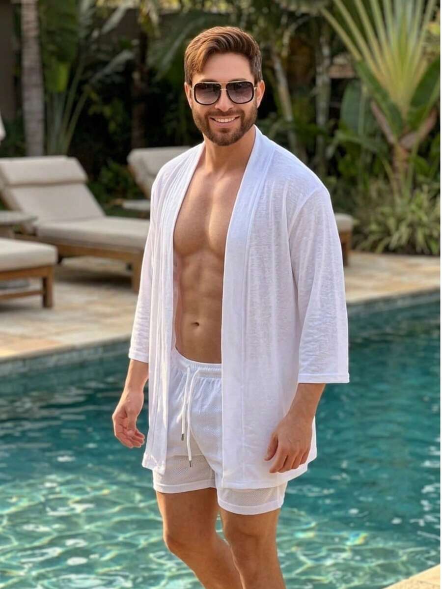 Conjunto Masculino Praia em Tule – Kimono + Shorts Leve Transparente | Linha Summer | Moda Verão P M G - Branco - Visão 1