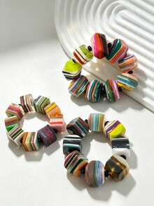 Bohemian Colorblock Striped Square Resin Elastic Bracelet, Vintage Multi-Layer Colorful Square Bead Exaggerated Bangle - Multicolor a - View 3