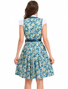 YESFASHIONWomen's 3 Pieces German Beer Festival Outfit Floral Print Dirndl Costume Flutter Sleeve  Blouse Ruffle Trim Front Lace Up Corset Dress - Peacock Blue - View 5