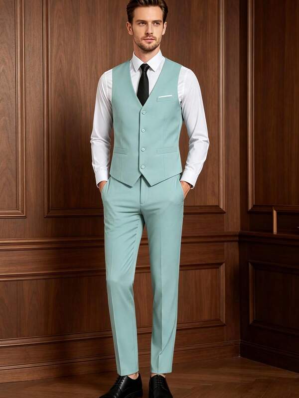 Men's 2 Pieces Suit Set, Elegant Solid Color Slim Fit Gentleman Vest And Pants, Business Commute, Wedding, Party, Ball