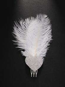 1pc Vintage Roaring 20s Feather Hair Clip Hair Comb, Rhinestone Heart Women's Gatsby Party Decoration Side Hair Accessory - Rhinestones - View 7