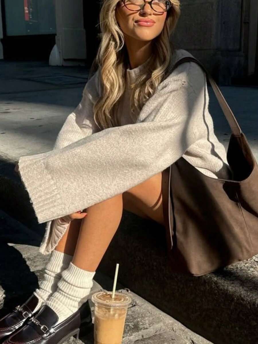Women's Solid Color Crew Neck Loose Pullover Sweater, Casual Versatile Dropped Shoulder Knit Top For Autumn/Winter - White Apricot - View 1