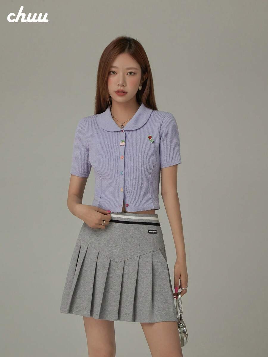 CHUU 彩虹鈕扣翻領針織毛衣 女款 春秋款 心形刺繡 羅紋修身 極簡性感上衣 - 紫色 - 查看 1