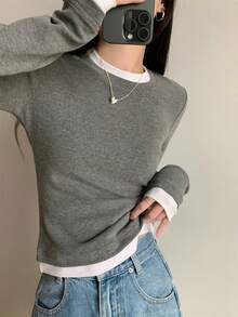 Early Autumn Korean Style Japanese Color Block 2 In 1 Slim Fit Round Neck Long Sleeve Inner Layer T-Shirt Top For Women - Grey - View 2