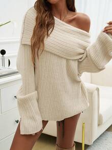 Women's Off-Shoulder Ribbed Knit Pullover Sweater Long Sleeve Cream Color Winter Top - Apricot - View 2