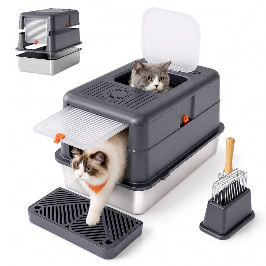 DOGAT Cassetta igienica gatti 3‑in‑1 regolabile, vasca acciaio 58*38*38cm, 85L, doppio ingresso, coperchio 120°, gradino anti‑spargimento, paletta metallica +3 bustine carbone attivo, anti‑odore, pulizia semplice per gatti cuccioli/adulti - Tagli Unica - Visualizzare 1